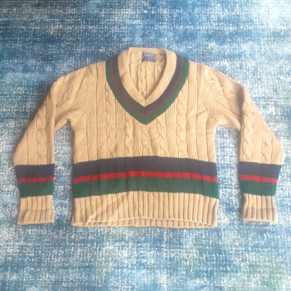 1980s 100% Wool Gant The Rugger Cableknit Cricket Sweater, TRIPLE Stripes, MINT!